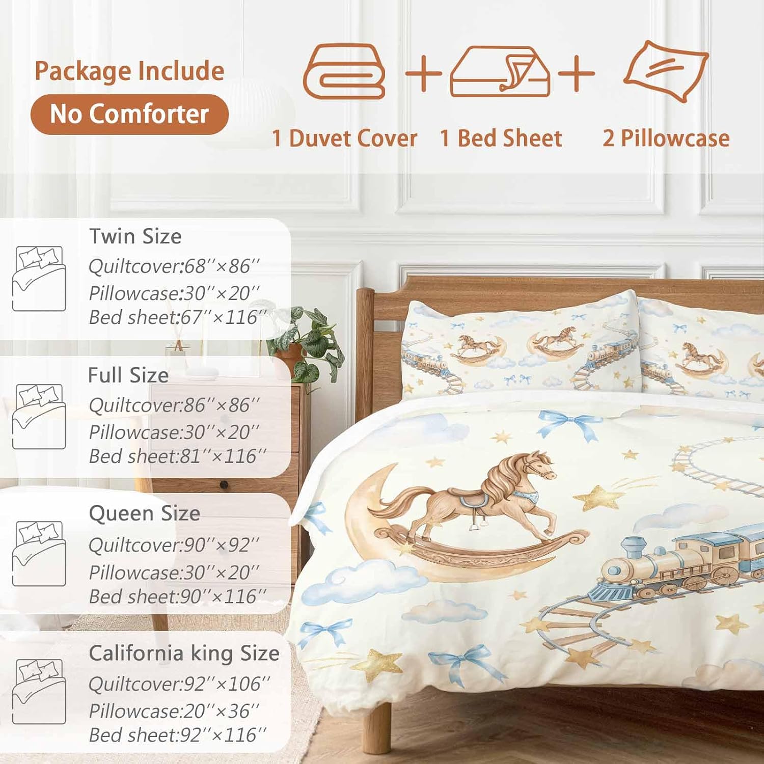 Horses Stars Duvet Cover Set Queen Size 4 Pieces Trains Rail Orbits Cloud Moon Blue Bow Yellow Bedding Set with Zipper Closure, 1 Comforter Cover 90x92 Inches 1 Flat Sheet & 2 Pillow Cases