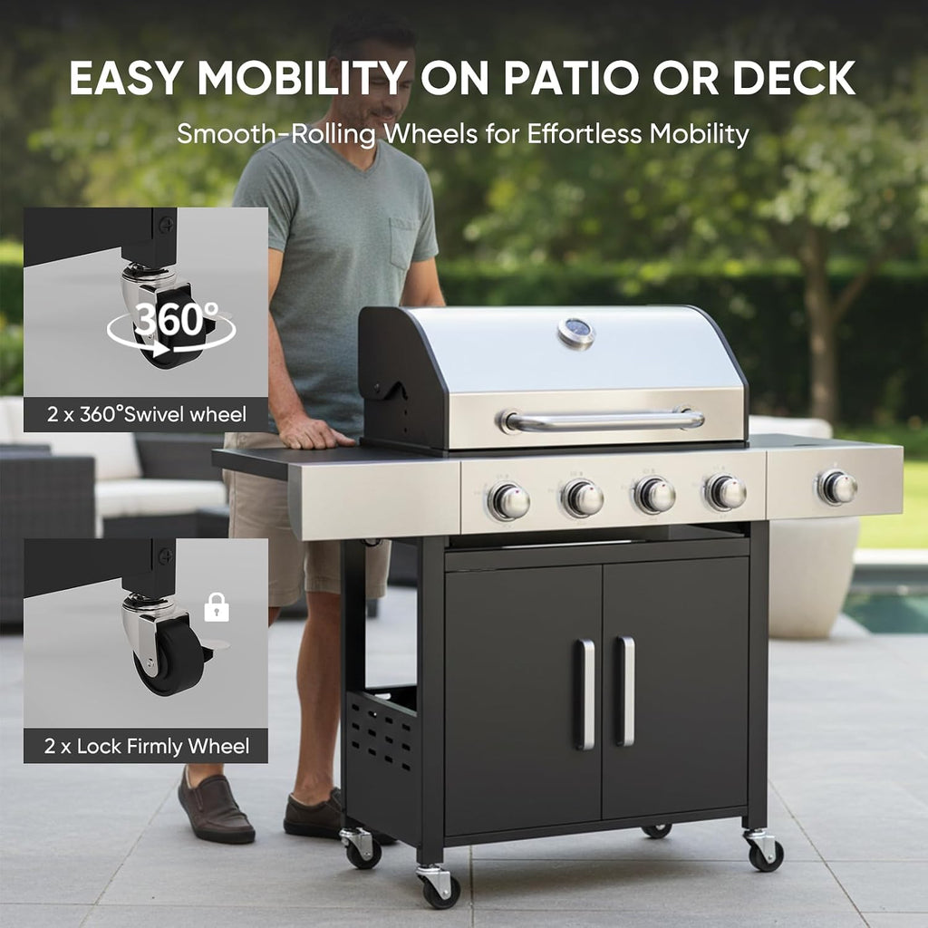 Belord 4-Burner Propane Gas Grills with Side Burner, 44000 BTU Output Stainless Steel Burner Barbecue Grill with Cast Iron Grate & Side Tables, Gas BBQ Grill Propane for Patio Picnic, Outdoor Cooking