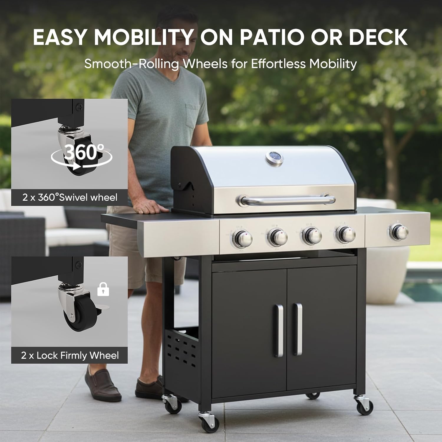 Belord 4-Burner Propane Gas Grills with Side Burner, 44000 BTU Output Stainless Steel Burner Barbecue Grill with Cast Iron Grate & Side Tables, Gas BBQ Grill Propane for Patio Picnic, Outdoor Cooking