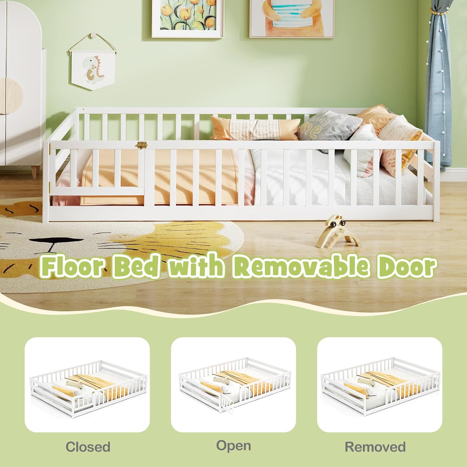 KOMFOTT Full Size Wood Floor Bed with Door & Fence, Montessori Bed Frame with Full Length Safety Guardrails, Door & Latch, Wooden Montessori Floor Bed for Kids, Girls, Boys (Full,White)