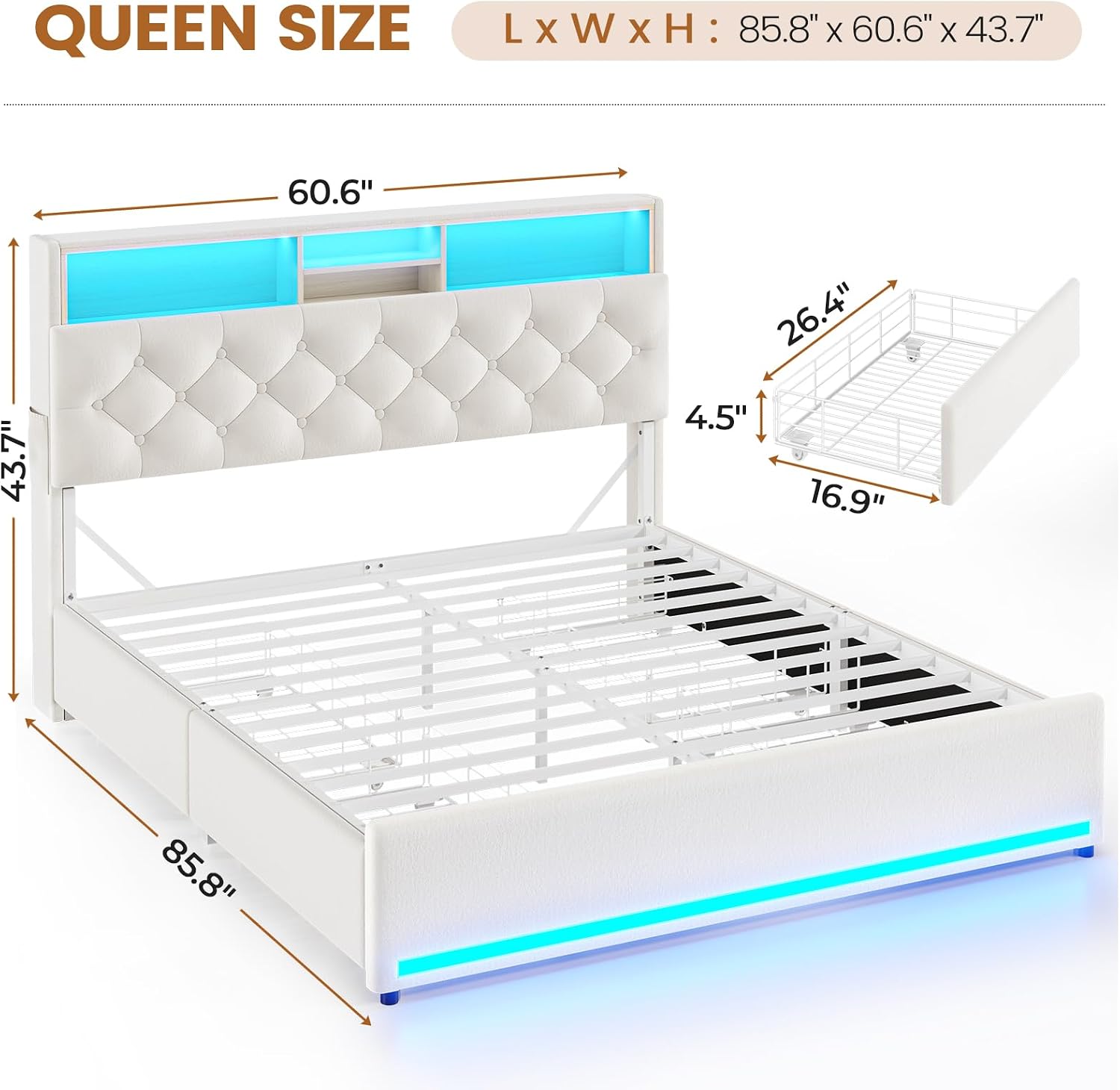 BTHFST Queen Bed Frame with 4 Drawers & Storage Headboard, LED Bed Frame Queen Size with Charging Station,Velvet Upholstered Bed with Metal Slats, No Box Spring Needed,Creamy White