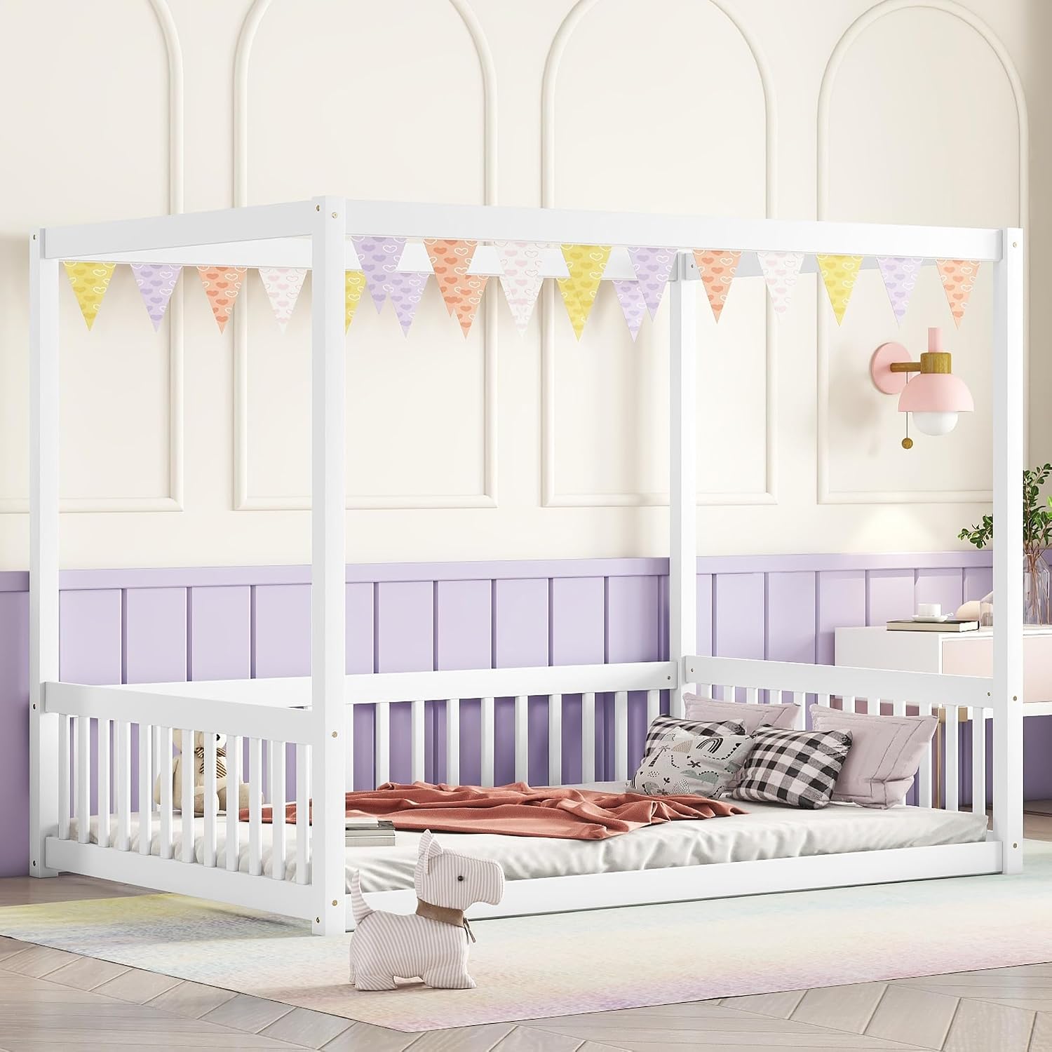 CZBZ Full Size Rubber Wood Canopy Floor Bed with Guardrails, White — Modern Minimalist Bedroom Centerpiece for Rest, Reading & Quiet Play