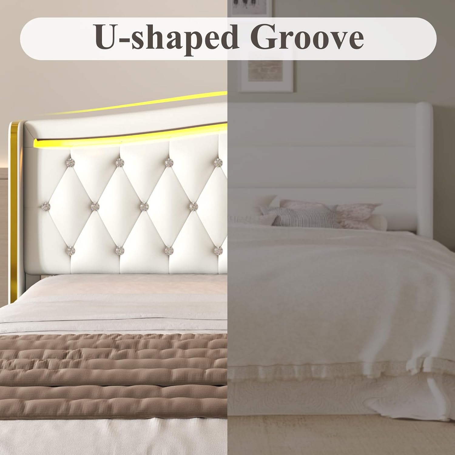 E-Motie Queen Bed Frame with Wingback Headboard, Upholstered Platform Bed with RGB LED Lights, Charging Station, 4 Storage Drawers & Metal Slat Support, No Box Spring Needed, White