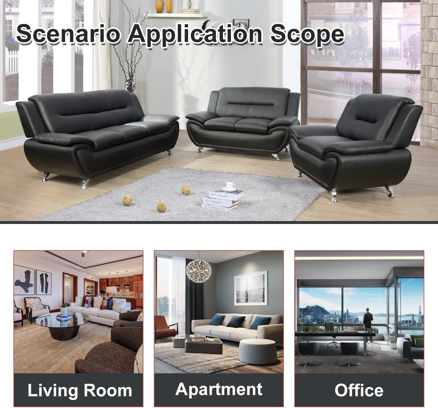 Contemporary Living Room Furniture Set, Faux Leather Sofa Set for Living Room/House/Bedroom/Office/Apartment (Black-B, Full Set(3PCS)), F45&F46
