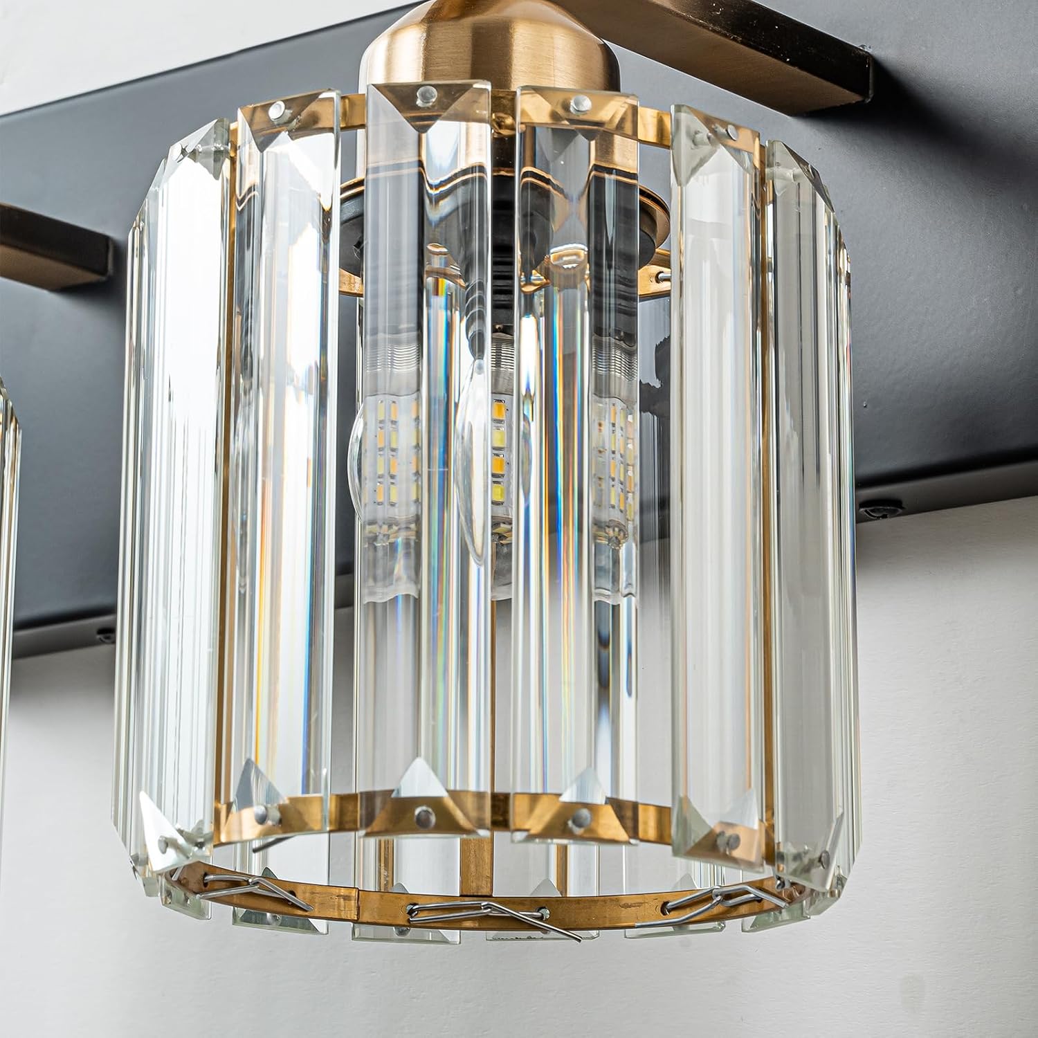 6-Light Crystal Bathroom Vanity Light, Modern Black Gold Bathroom Light Fixtures Over Mirror Crystal Wall Lighting with Polished Gold Finish
