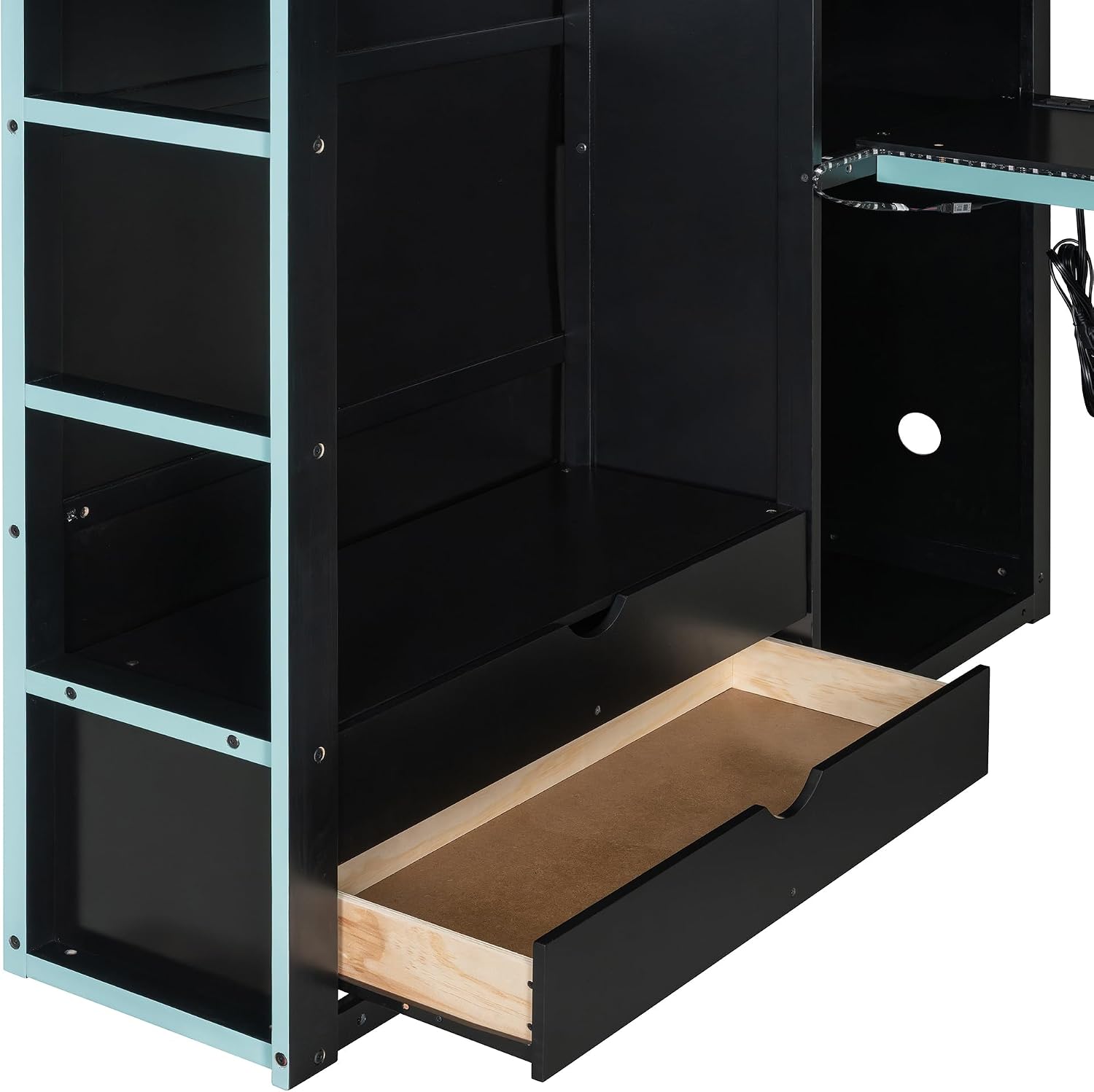 Ball & Cast Full Size Gaming Bed with Desk and Wardrobe,Wood Gamer Bed Frame w/Ample Storage Space & RGB Light,Full-Length Guardrails,USB Port,Ladder,Bedroom Furniture for Student Dorms,Cloud Blue