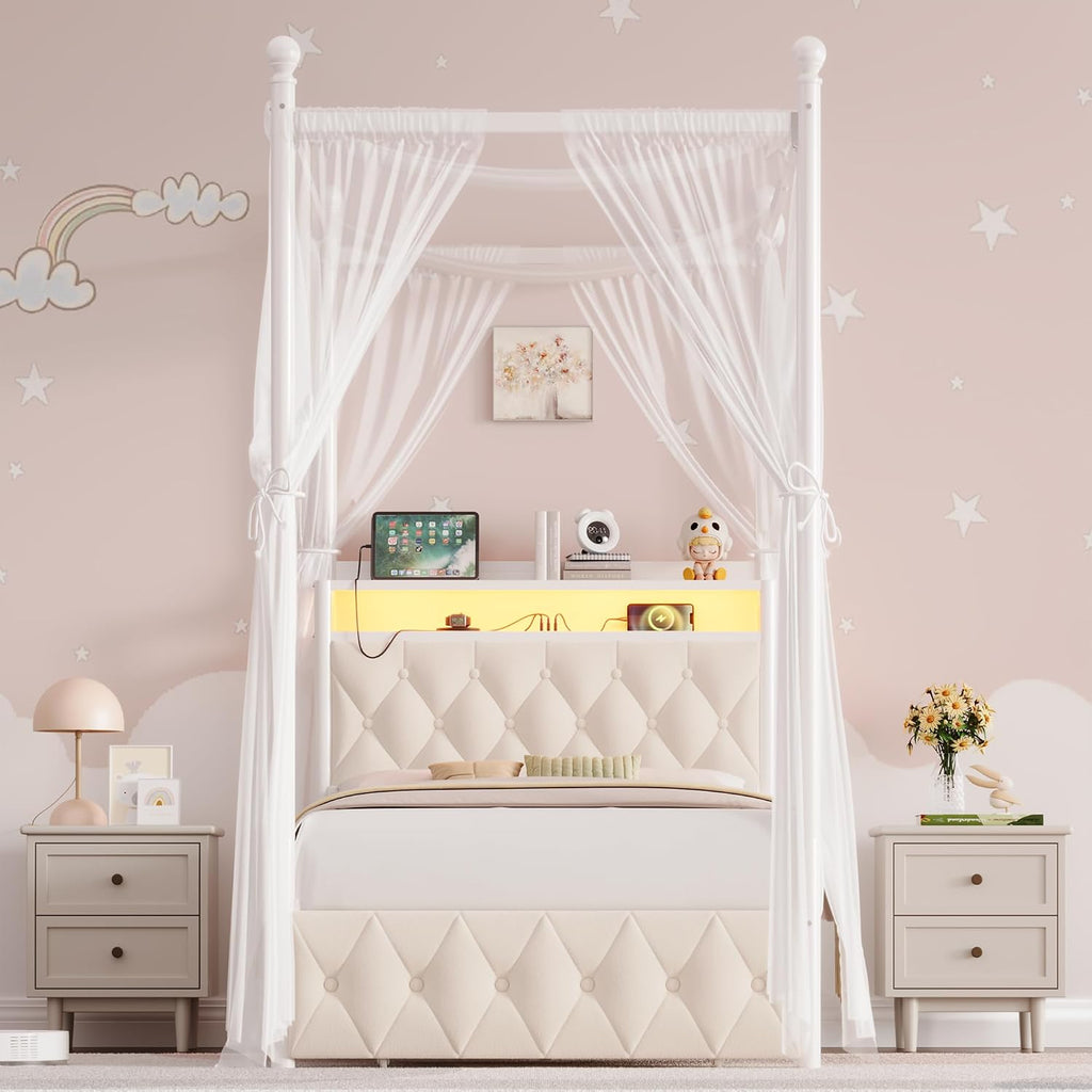 HIFIT Set of 2 Kids Twin Upholstered LED Canopy Bed Frame with Charging Station & Storage Drawer, Button Tufted Storage Headboard w/Bookshelf, Two-Use Girls Platform Bed frame w/4 Removable Post,Beige