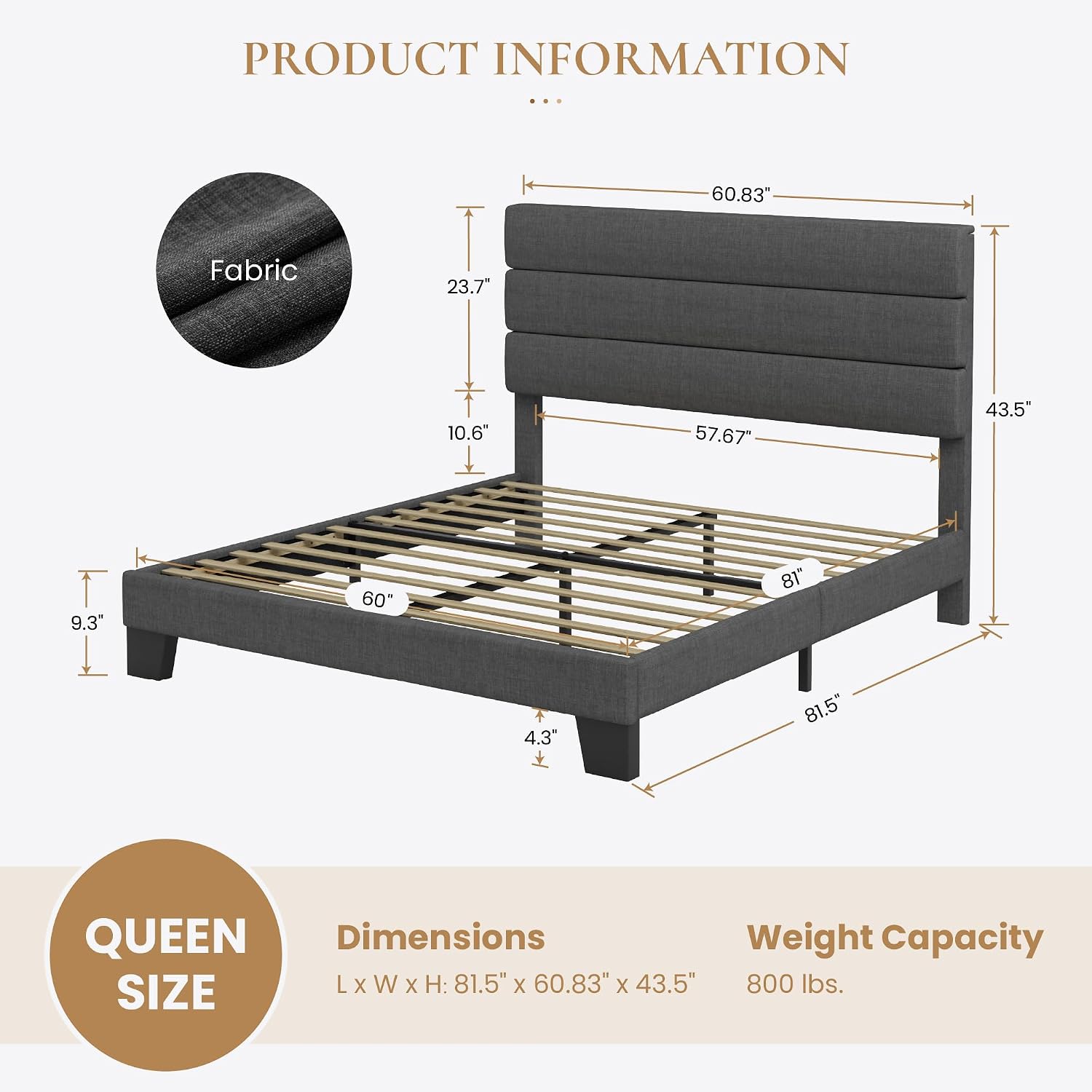 SHA CERLIN Queen Platform Bed Frame with Upholstered Fabric Headboard, Mattress Foundation with Strong Wooden Slats Support, No Box Spring Needed, Grey