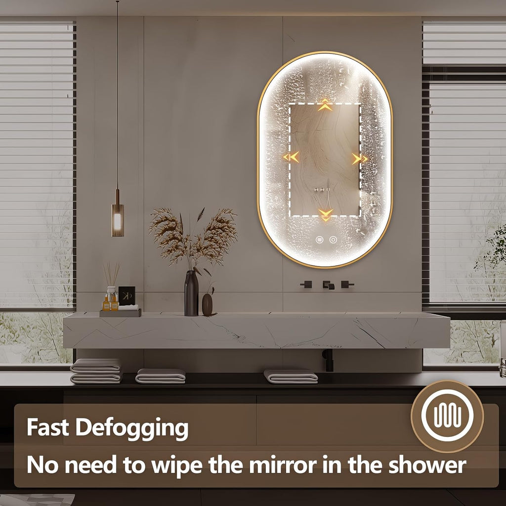 32'x20' Oval Led Mirror for Bathroom, Gold Metal Framed Lighted Vanity Mirror with Lights, Anti-Fog Light Up Mirror with 3 Colors Dimmable, Frontlit, Shatterproof, Horizontal/Vertical