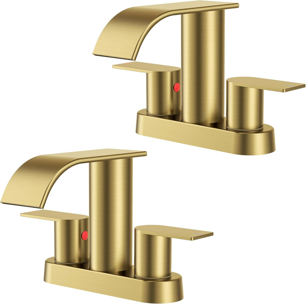 FORIOUS Brushed Gold Bathroom Sink Faucet, Waterfall 4 Inch Centerset Bathroom Faucets with Metal Pop up Drain and cUPC Hose for Basin, Vanity, RV, Lavatory 2 or 3 Hole Sink, 2 Pack