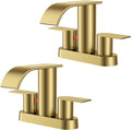 FORIOUS Brushed Gold Bathroom Sink Faucet, Waterfall 4 Inch Centerset Bathroom Faucets with Metal Pop up Drain and cUPC Hose for Basin, Vanity, RV, Lavatory 2 or 3 Hole Sink, 2 Pack