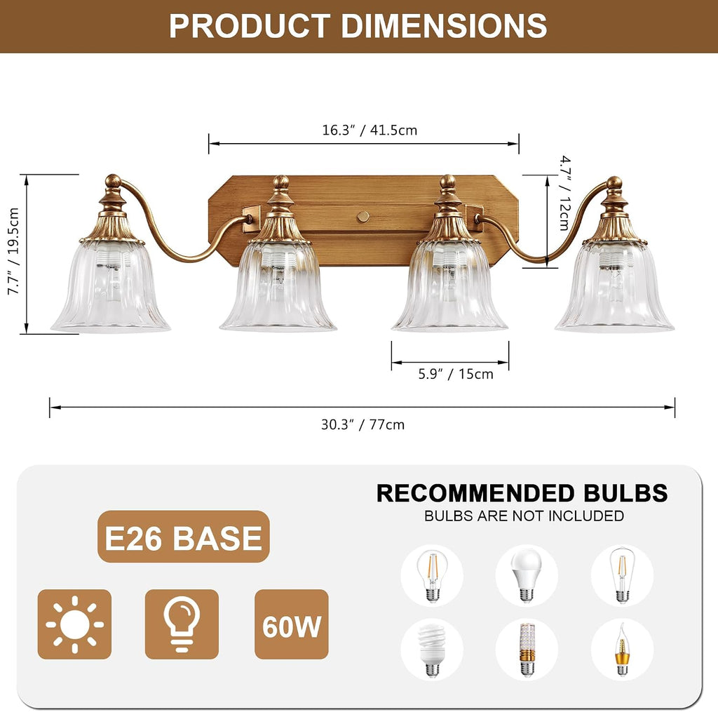 Gold Vintage Bathroom Light Fixtures, 4-Lights Bathroom Vanity Light, Antique Brushed Gold Lighting Fixtures Over Mirror with Crystal Glass Shade, Wall Sconce Lighting