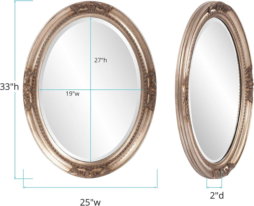 Howard Elliott Collection Queen Ann Oval Antique Silver Leaf Wall Mirror, Oval Bevelled Hanging Wood Framed Vanity Mirrors for Home Decor, Living Room, Bathroom, Bedroom, or Hallway, 25 x 33 Inch