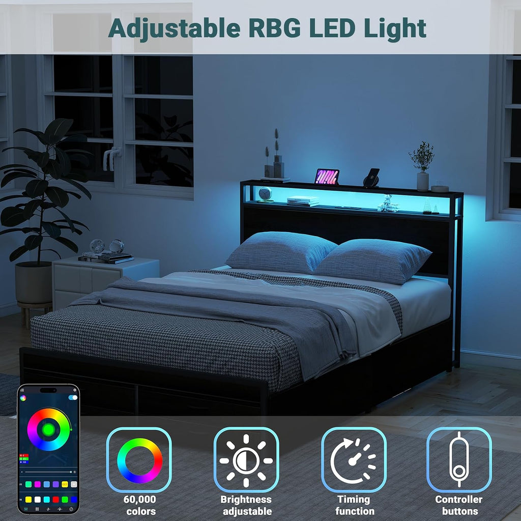 Zevemomo Queen Bed Frame with 8 Storage Drawers, Queen Metal Bed Frame with LED Light and Charging Station, Heavy Duty Metal Slats, No Box Spring Needed, Black