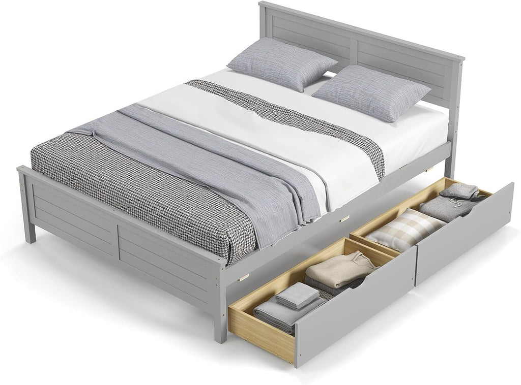 KOMFOTT Full Size Wood Bed Frame with 2 Storage Drawers, Mid Century Platform Bed Frame with Headboard, Sturdy Wooden Slats Support, Modern Mattress Foundation, No Box Spring Required, Easy Assembly
