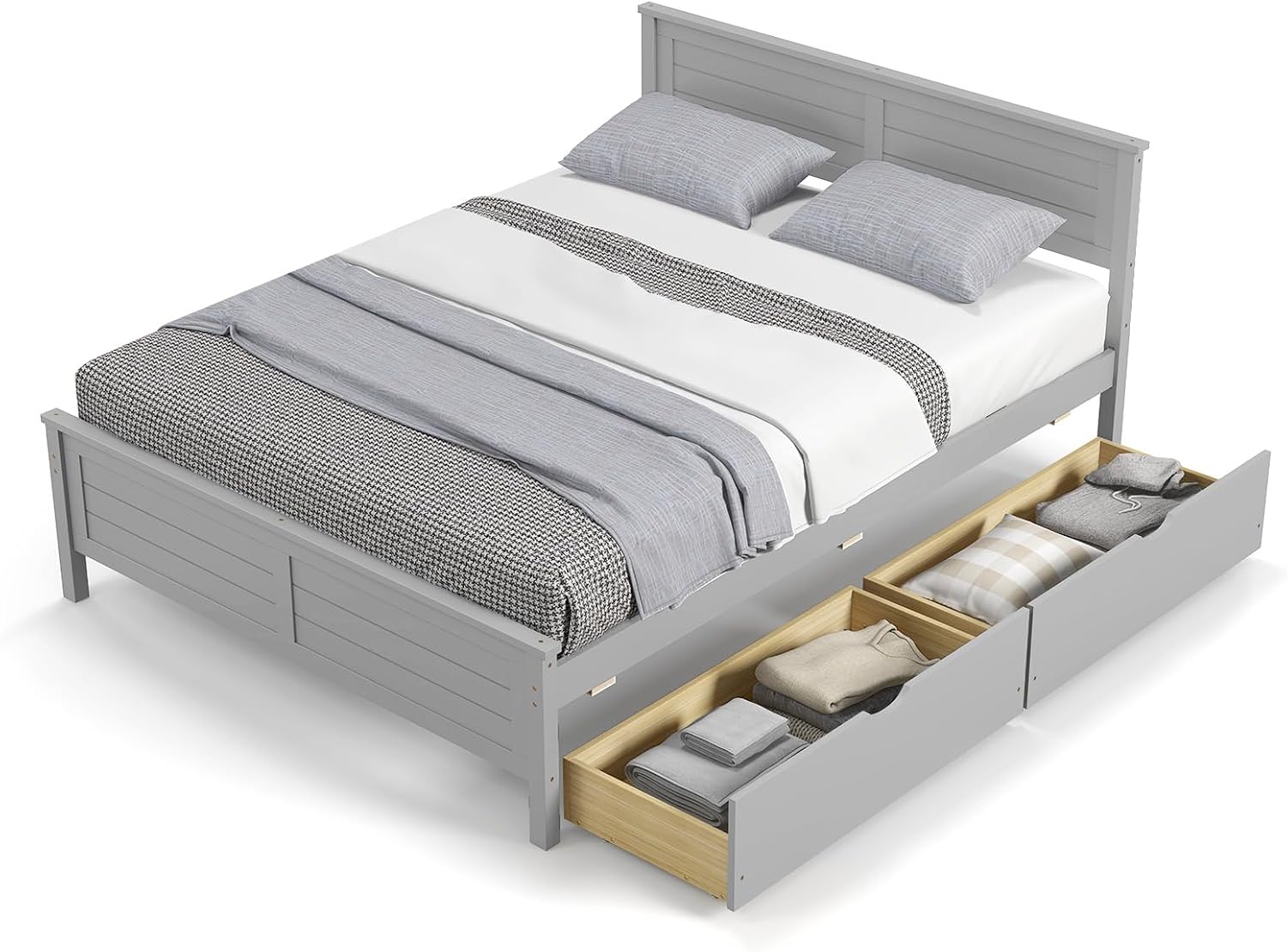 KOMFOTT Full Size Wood Bed Frame with 2 Storage Drawers, Mid Century Platform Bed Frame with Headboard, Sturdy Wooden Slats Support, Modern Mattress Foundation, No Box Spring Required, Easy Assembly