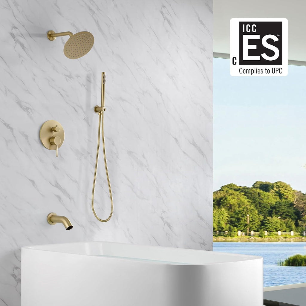 SUMERAIN Shower System with Tub Spout and Handheld Shower, Brass Rain Shower Tub Set with 8 Inches Shower Head and Rough in Valve Brushed Gold