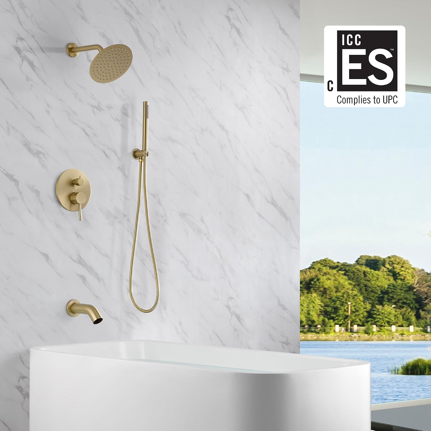 SUMERAIN Shower System with Tub Spout and Handheld Shower, Brass Rain Shower Tub Set with 8 Inches Shower Head and Rough in Valve Brushed Gold