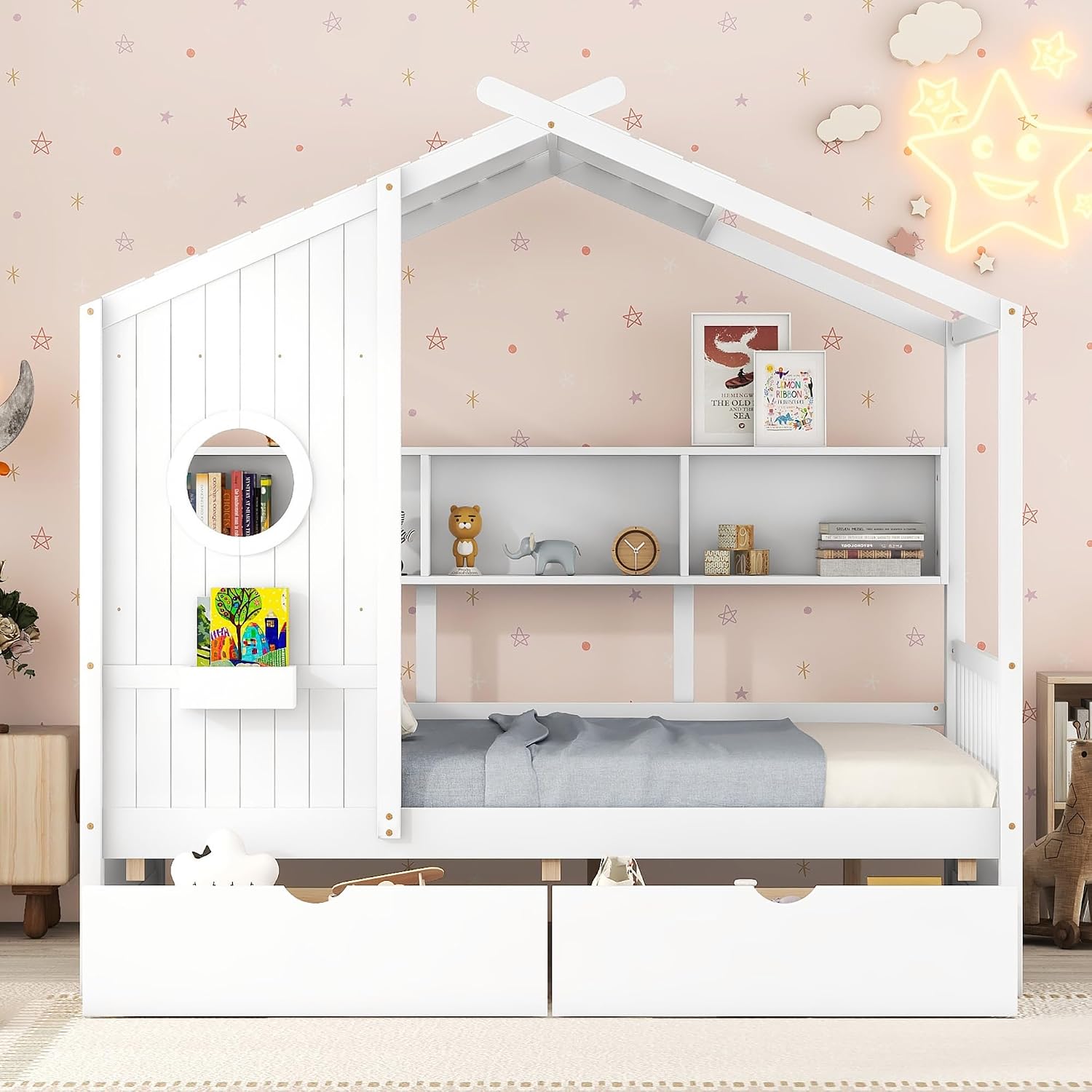 MERITLINE Full Size Kids House Bed with 2 Drawers and Storage Shelf, Wooden Kids Montessori Bed Frame (White)