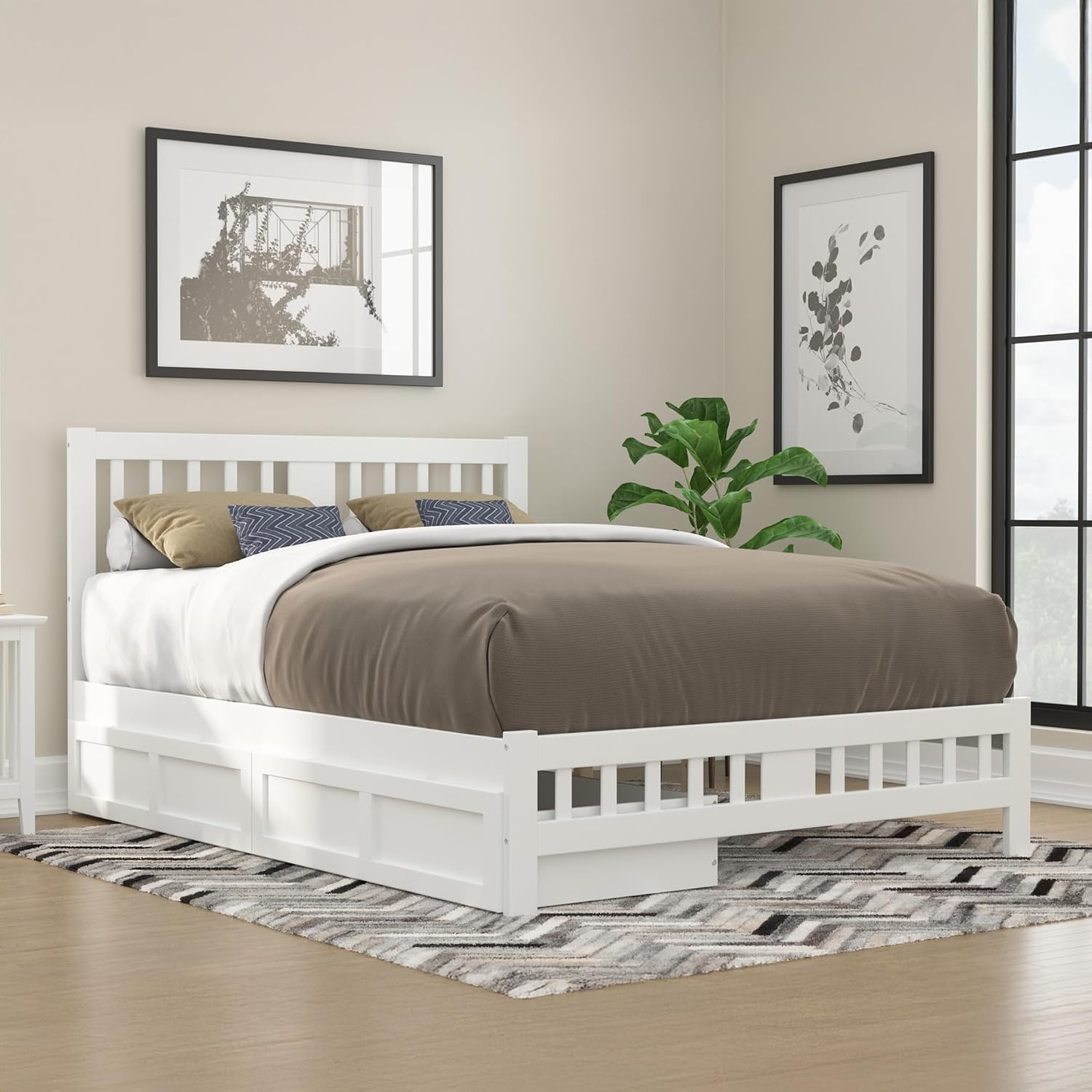 AFI, Tahoe Queen Platform Bed with Matching Footboard & Set of 2 Under-Bed Storage Drawers, White