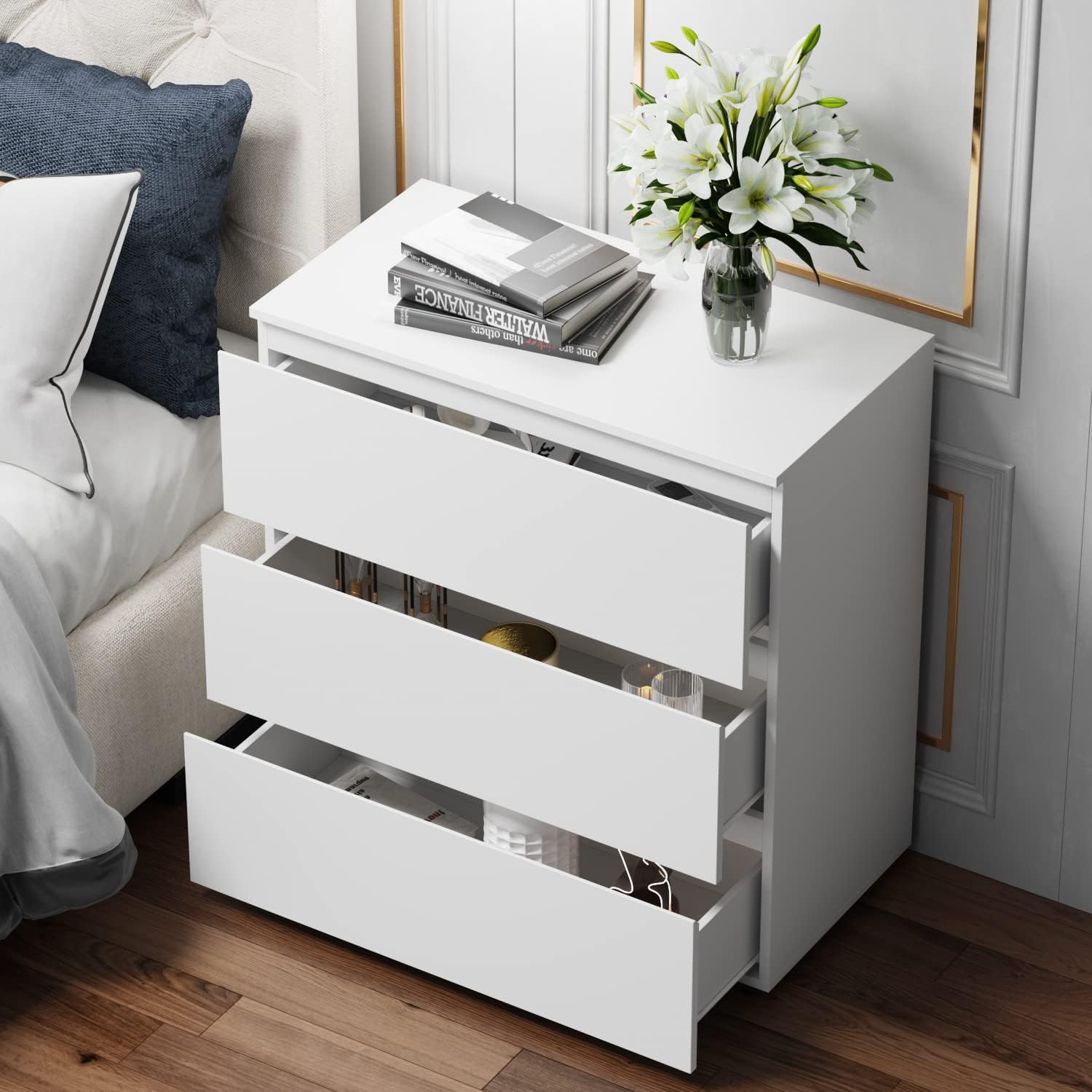 Nightstand with 3 Drawers, Modern Bedroom End Table with No Handle, Wooden Bedside Storage Cabinet, White 30.3' W x 32.3' H