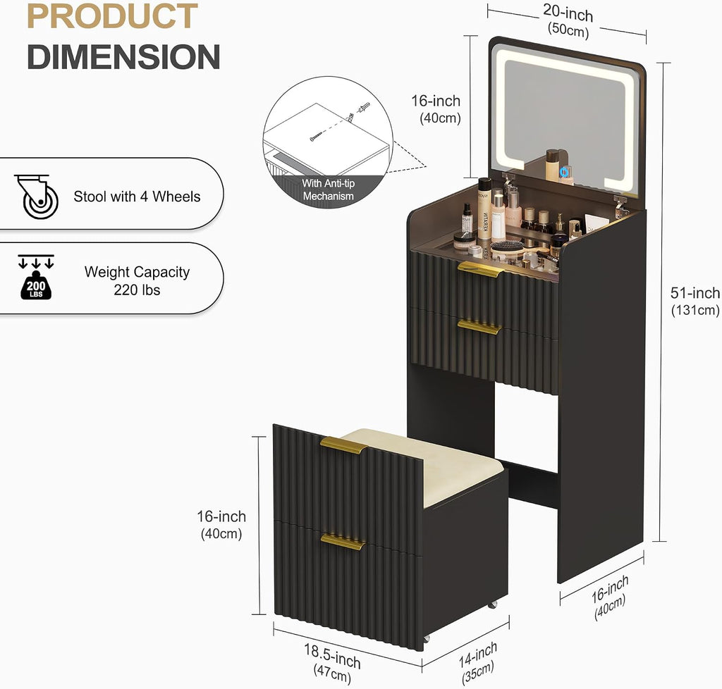 Lvifur 3 in 1 Vanity Desk with Plip Top Mirror,Black Small Makeup Vanity Set with Visible Glass Desktop,Compact Vanity with 3 Drawers,Storage Compartment and Padded Stool,Dressing Table for Bedroom