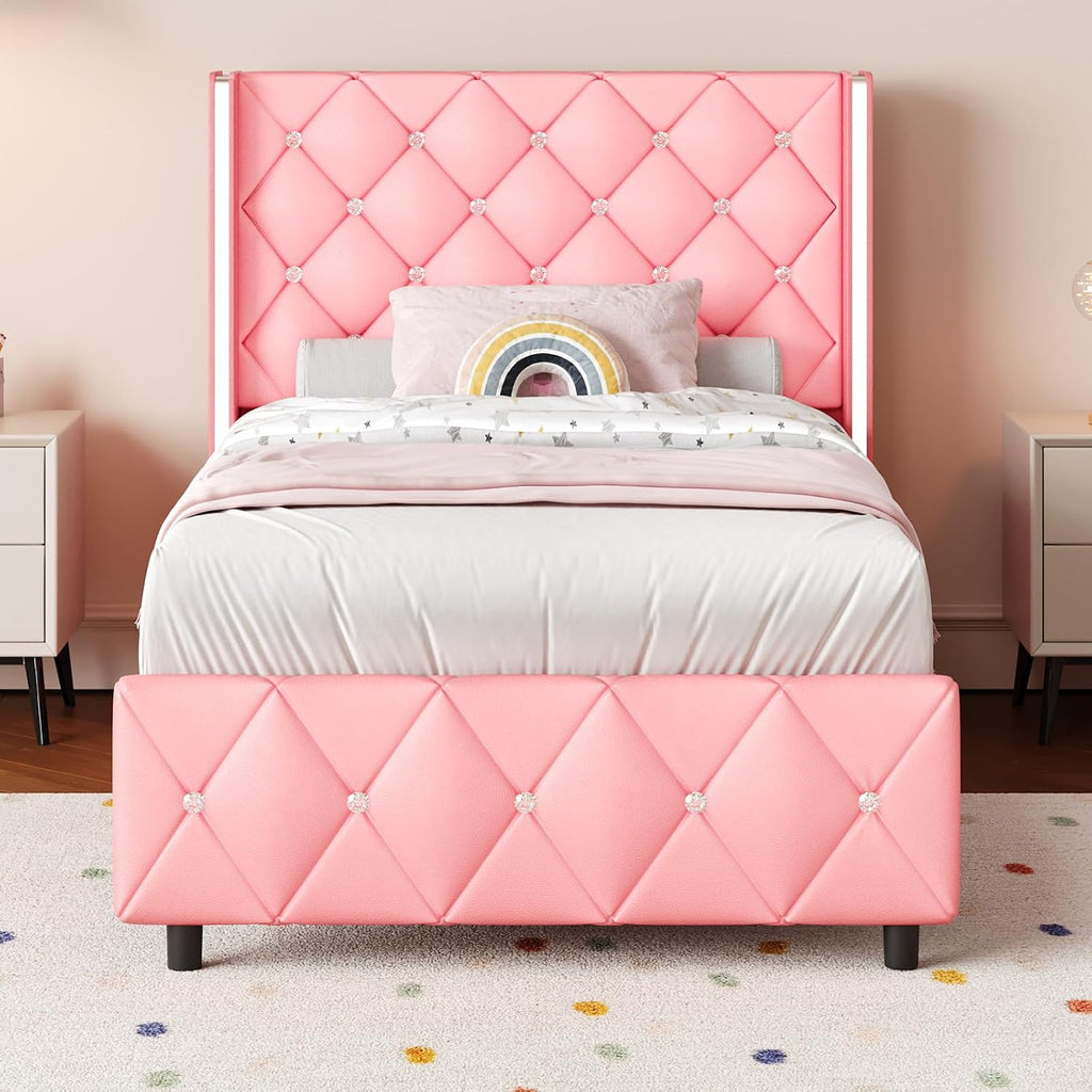 HOMBCK Twin Bed Frame with Headboard, Faux Leather Upholstered Bed with Diamond Tufted Design, Girls' Twin Bed Frames for Kids, No Box Spring Required, Easy Assembly, Pink