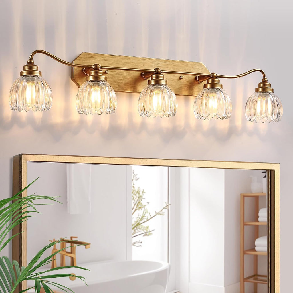 Vintage Bathroom Light Fixtures, 5 Light Gold Bathroom Vanity Light, Matte Antique Brass Finish with Crystal Glass Shade, Wall Sconces Lighting for Bedroom, Living Room, Hallway