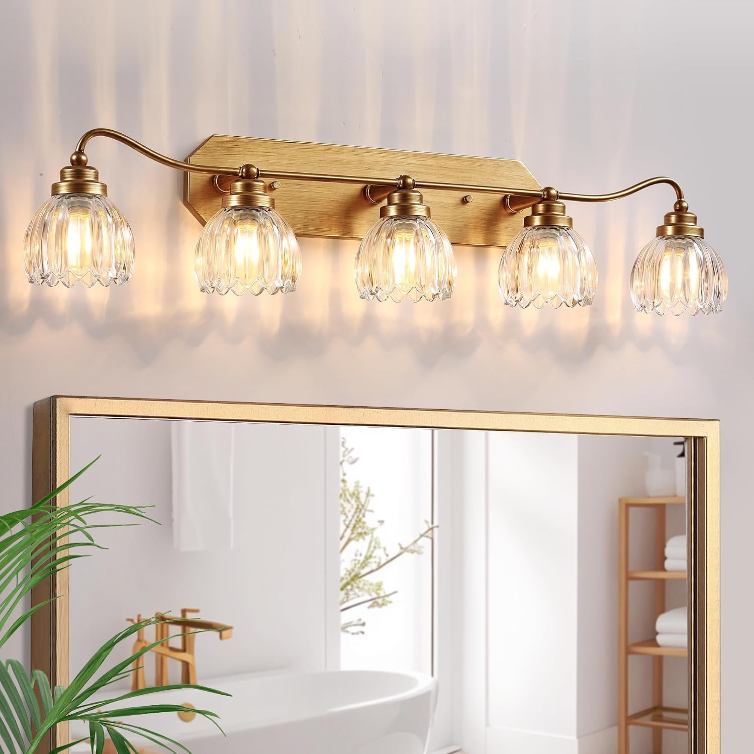 Vintage Bathroom Light Fixtures, 5 Light Gold Bathroom Vanity Light, Matte Antique Brass Finish with Crystal Glass Shade, Wall Sconces Lighting for Bedroom, Living Room, Hallway