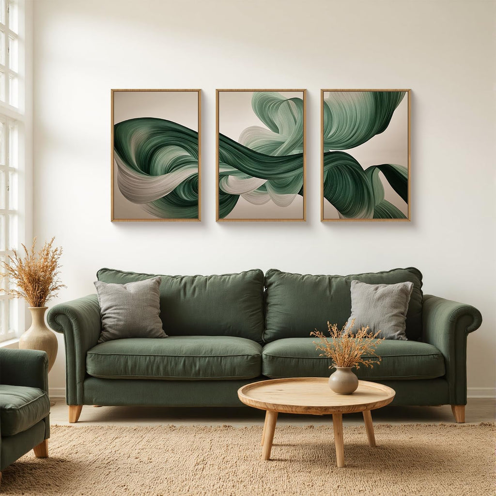 KAIRNE Green Abstract Framed Canvas Wall Art Set,Minimalist Green Lines Wall Decor,Modern Flowing Texture Art Prints,Neutral Smokes Waves Artwork for Living Room,Bedroom,Farmhouse,Office-24 x36 x3