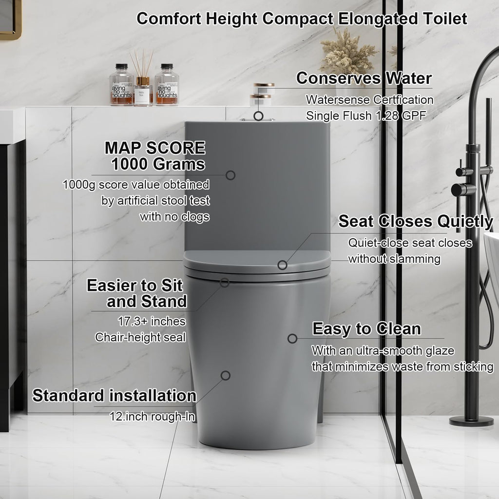 Elongated One Piece Toilet with Comfort Chair Seat ADA Height 17.3' Modern Toilet for Bathroom, Dual Flush 0.8/1.6 GPF and MAP 1000g, 12' Rough-In, Soft Closing Seat, Light gray