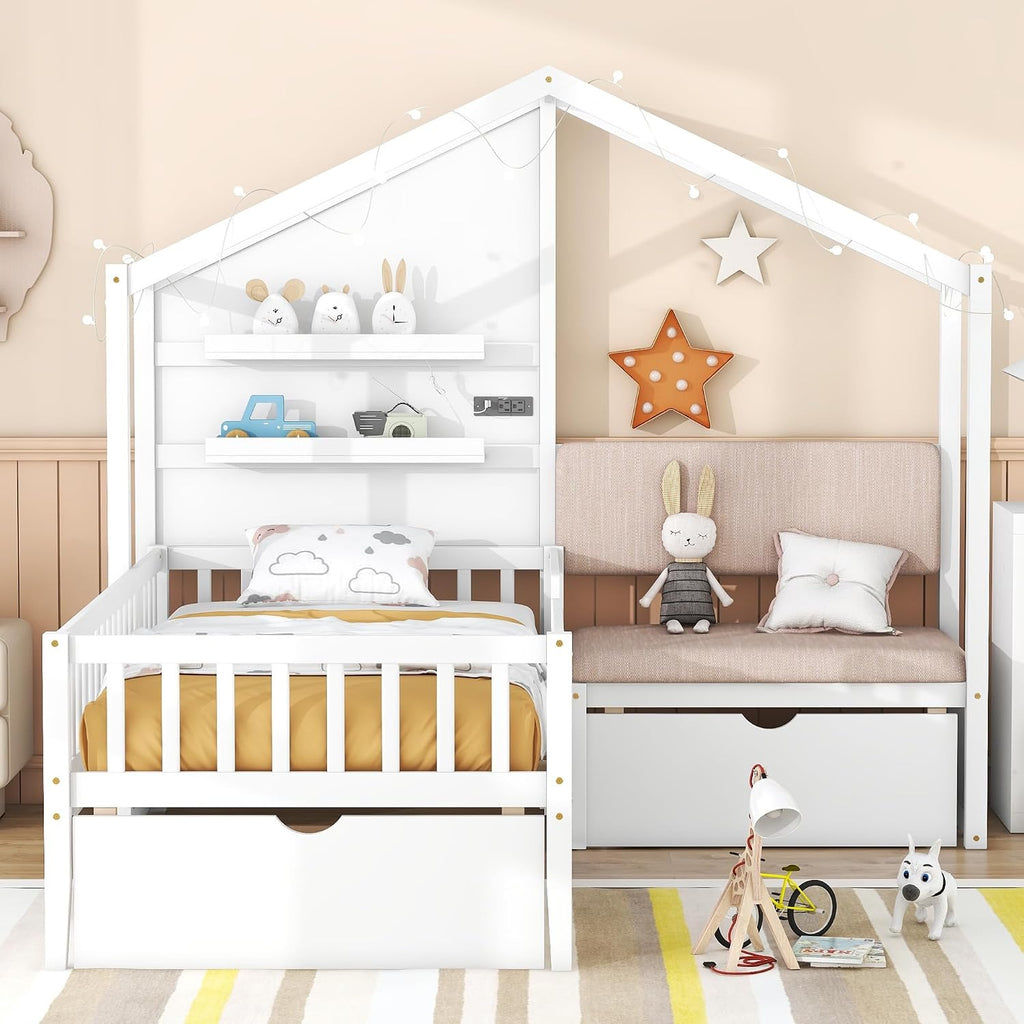 Twin Size House Bed with Upholstered Sofa and Safety Fence for Kids Boys Girls, Versatility Solid Wood Kids Platform Bed with Charging Station, Wireless Charging, Shelves and 2 Drawers (White-G1)