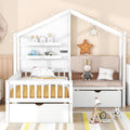 Twin Size House Bed with Upholstered Sofa and Safety Fence for Kids Boys Girls, Versatility Solid Wood Kids Platform Bed with Charging Station, Wireless Charging, Shelves and 2 Drawers (White-G1)