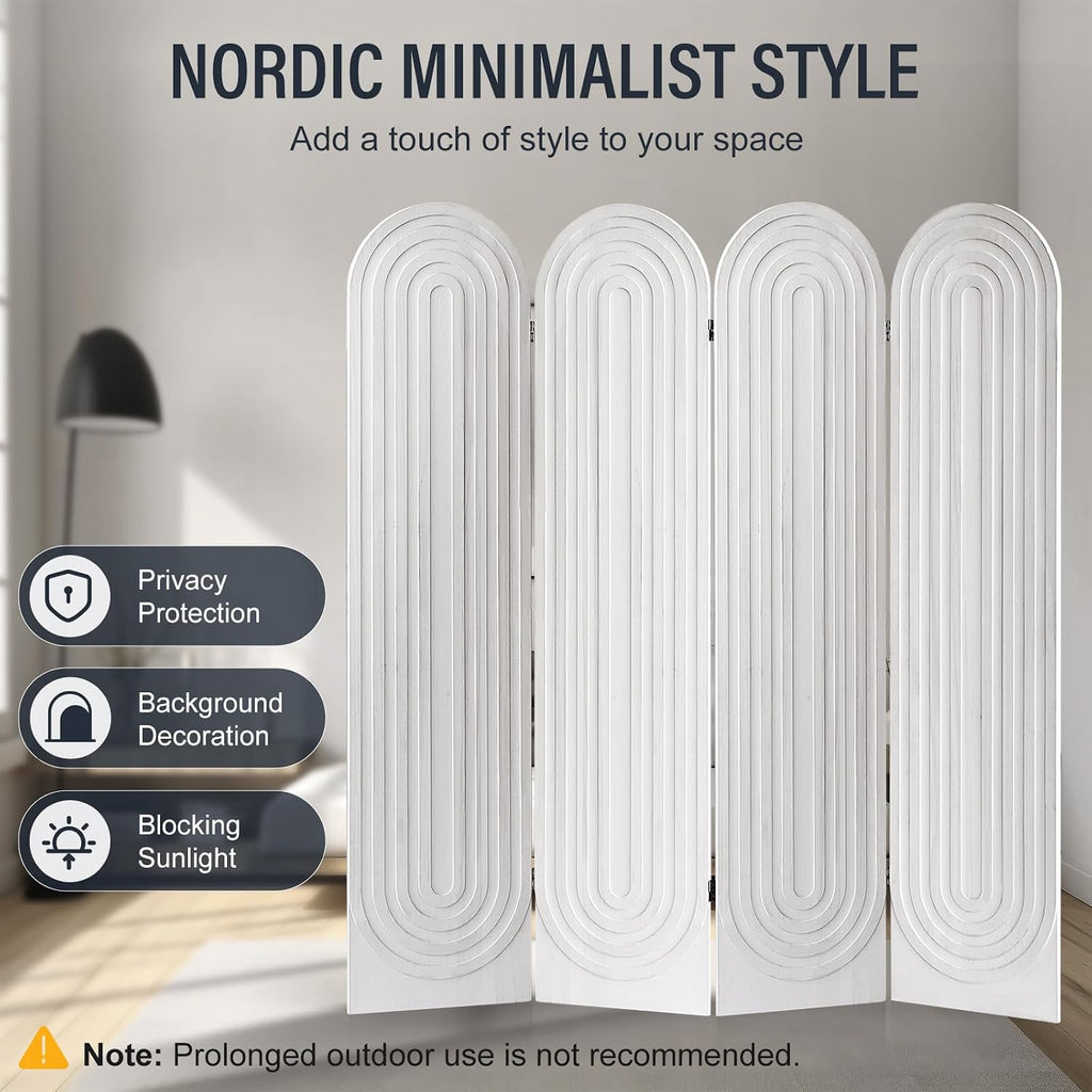 4 Panel Room Divider and Folding Privacy Screen, Foldable Wood Arched Room Divider Wall, Portable Partition Screen, Room Partition Divider for Room Separation for Home Office Bedroom, White
