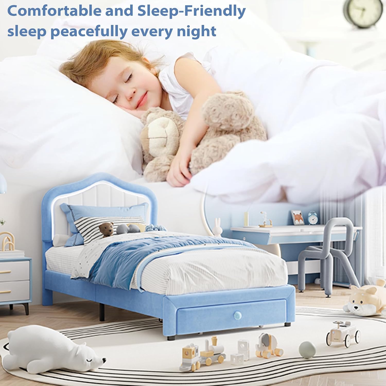 GarveeHome Upholstered Twin Bed Frame with Led Lights and Storage Drawer, Cute Velvet Led Bed Frame with Headboard for Kids, Girls, Boys, No Box Spring Needed, Wooden Slats, Noise Free, Blue