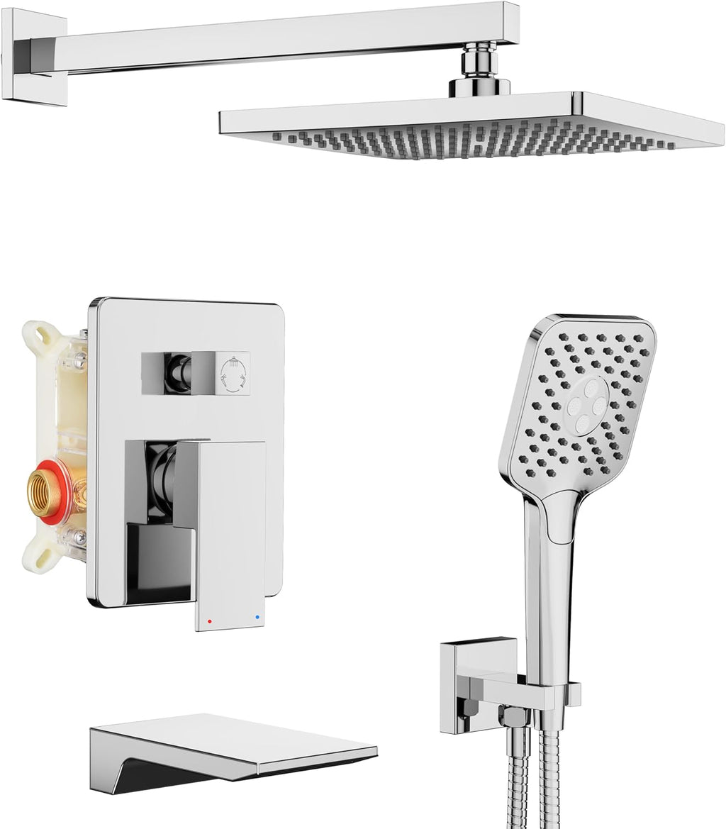 Gabrylly Shower System with Tub Spout, Wall Mounted Tub Shower Faucet Set for Bathroom with High Pressure 10' Rain Shower head and 3-Setting Handheld Shower Head Set,Chrome