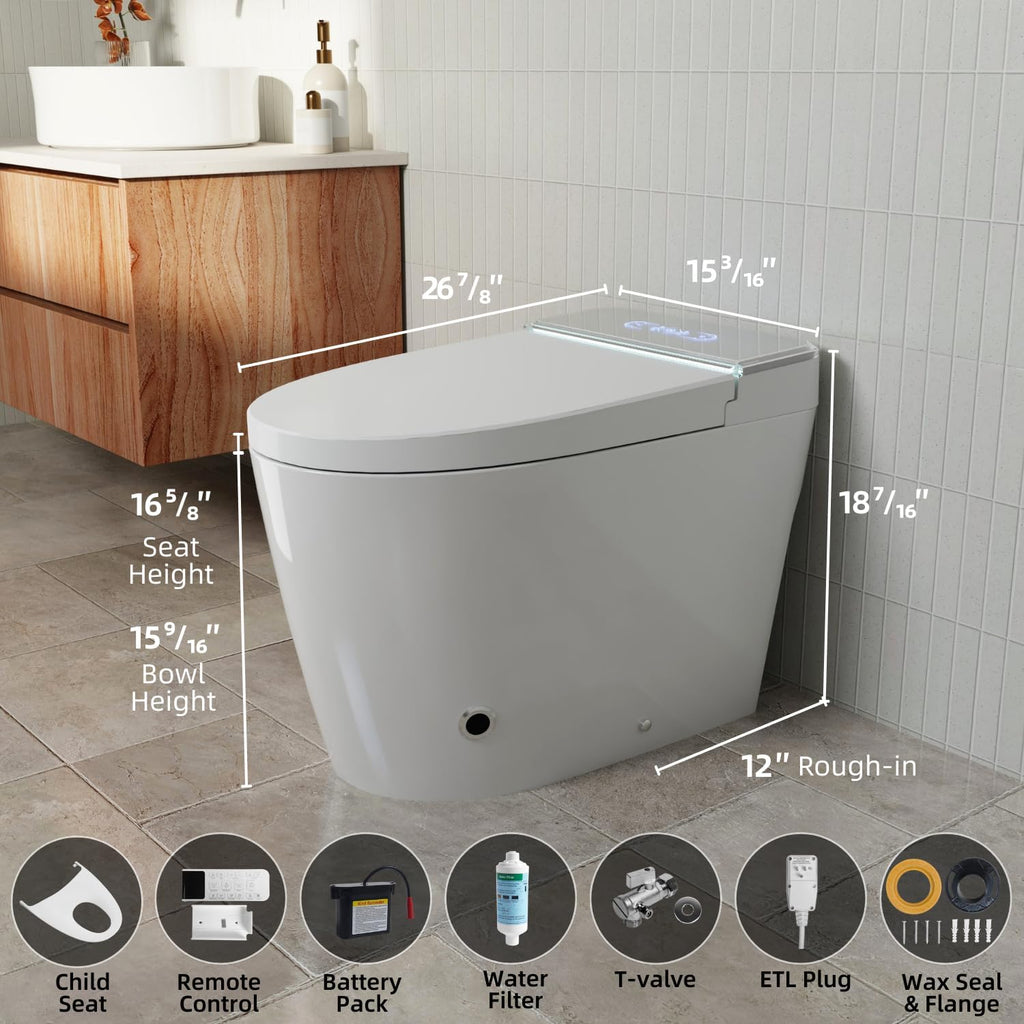 956 Smart Toilet, Full Area UV Light, Removable Child Seat, Side Control Panel, Built-In Water Tank Bidet Toilet, Auto Open Lid, Foot Sensor, Instant Warm Water, Heated Seat, Warm Air Dryer