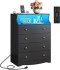 WLIVE Black LED Dresser for Bedroom, Tall Wood Dresser with 4 Drawers and Open Shelf, Chest of Drawers with Power Outlet for Living Room, Hallway, Closet