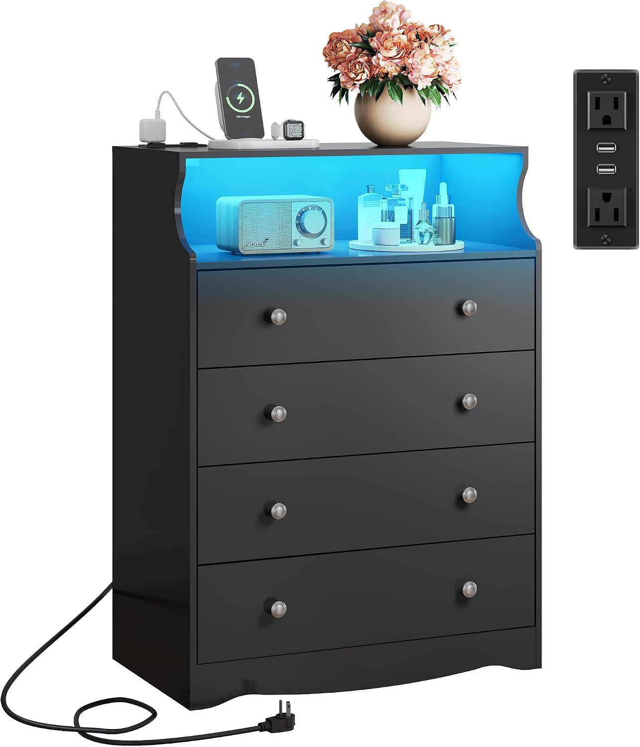 WLIVE Black LED Dresser for Bedroom, Tall Wood Dresser with 4 Drawers and Open Shelf, Chest of Drawers with Power Outlet for Living Room, Hallway, Closet