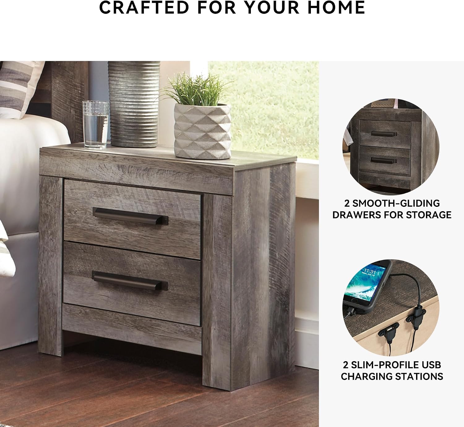 Signature Design by Ashley Wynnlow Rustic 2 Drawer Two Drawer Nightstand, 24.41' Tall, Weathered Gray