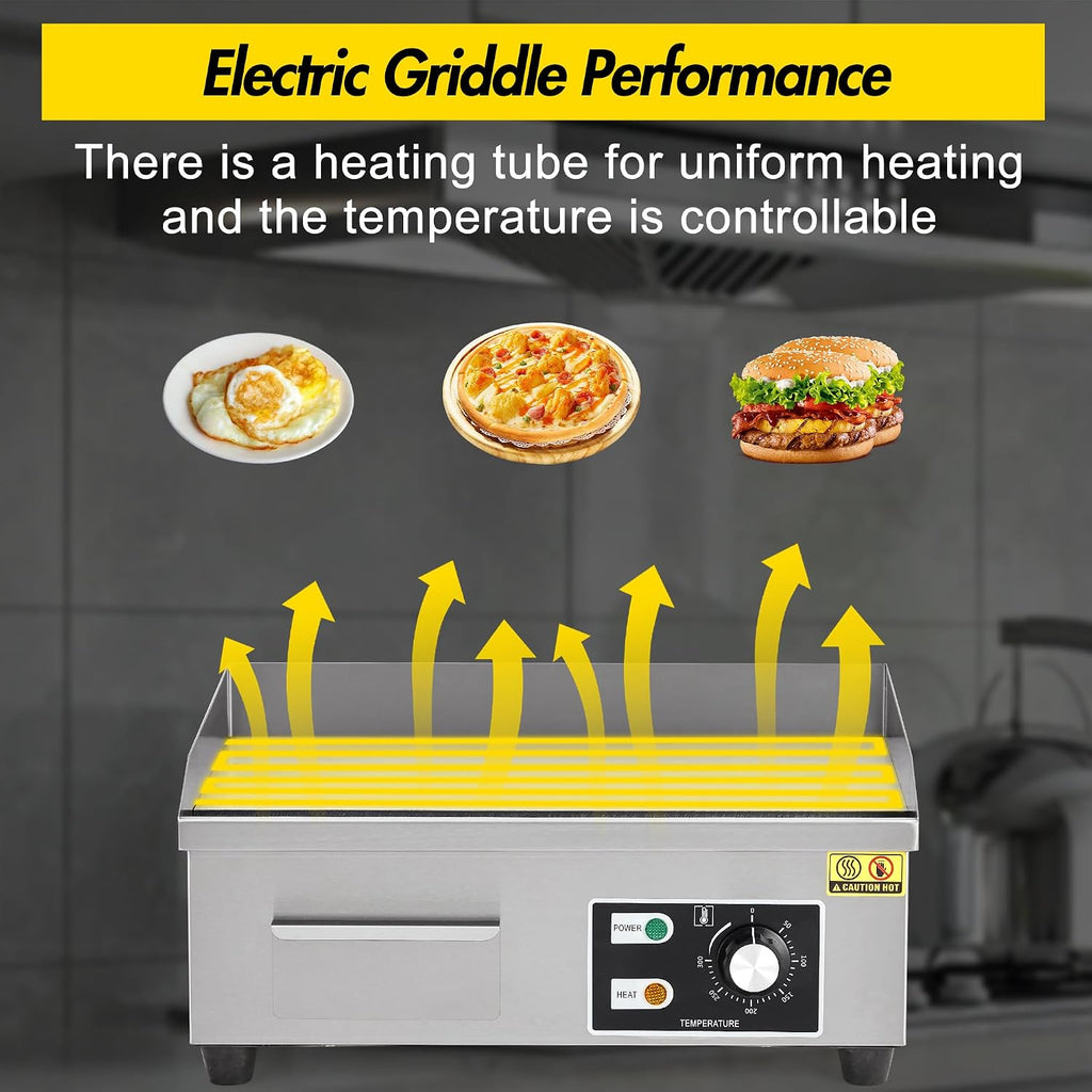 18 Inch Commercial Electric Griddle, 1600W Stainless Steel Flat Top Grill with 122-572°F Adjustable Temp, 2 Shovels, 2 Brushes, Indoor Countertop BBQ Teppanyaki Grill for Home Restaurants