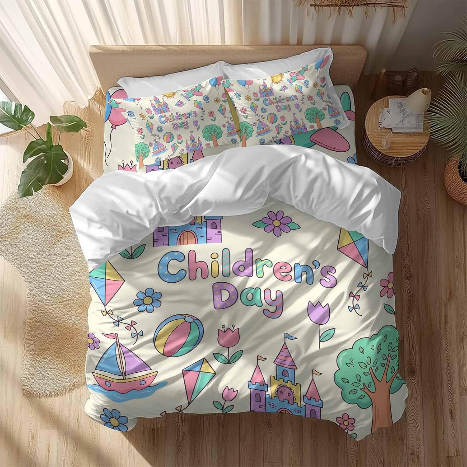 Children's Day Duvet Cover Set Queen Size 4 Pieces Cartoon Sun Airplanes Castles Kites Boat Balloon Beige Bedding Set with Zipper Closure, 1 Comforter Cover 90x92 Inches 1 Flat Sheet & 2 Pillow Cases