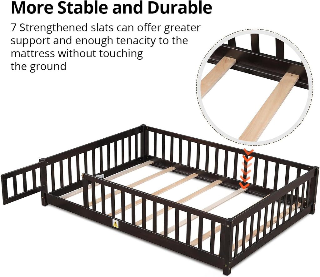 i-POOK Queen Floor Bed for Children, Sturdy Wood Montessori Bed Frame with Wood Slats, High Fence & Small Door for Girls and Boys, Espresso (with Bed Slats)