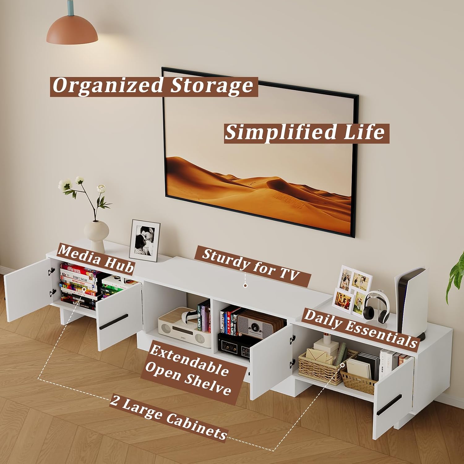 Extendable TV Stand, Modern Media Console for Up to 100 Inch TV, 67'-90' Extendable Entertainment Center with 2 Large Cabinets & Open Shelves, TV Cabinet for Living Room-White