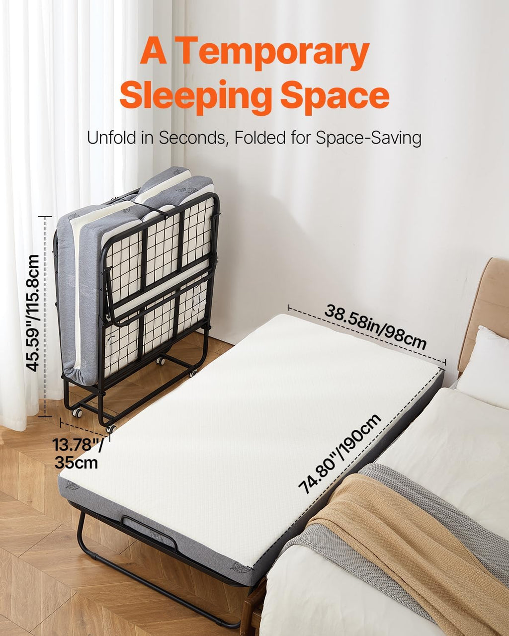 VEVOR 38 in x 75 in Folding Bed with 5 in Mattress, Twin Size, White, Metal Frame & Memory Foam Mattress, Portable Rollaway Bed, 450 lbs Weight Capacity, Adult Guest Bed