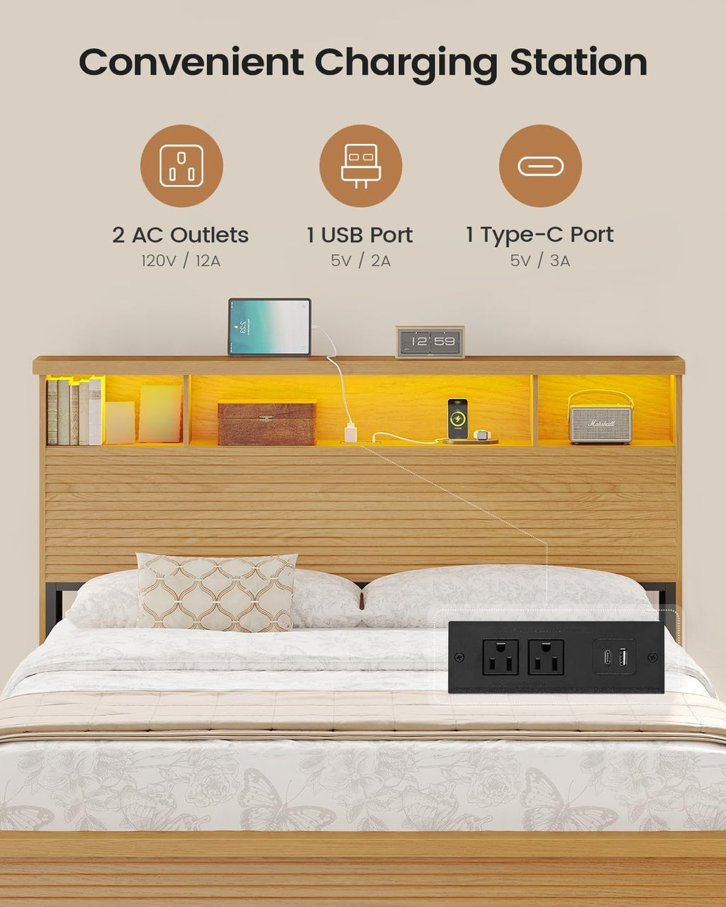 VIAGDO Wood Bed Frame Queen Size with 4 Storage Drawers & Bookcase Headboard, Led Wooden Queen Bed Frame with Charging Station,No Box Spring Needed,Wood