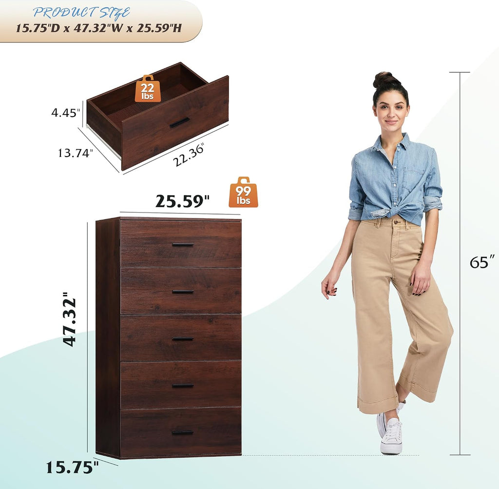 WLIVE Tall Dresser for Bedroom, Wood Chest of Drawers with Mental Handles, Brown Bedroom Dresser with 5 Drawers, Modern Minimalist Closet Store Organizer for Living Room, Hallway