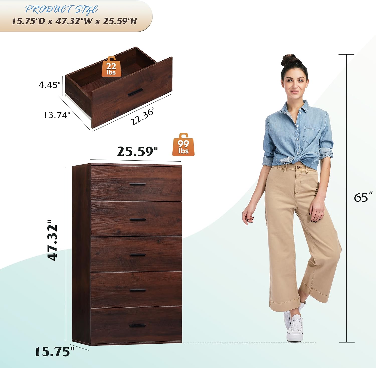 WLIVE Tall Dresser for Bedroom, Wood Chest of Drawers with Mental Handles, Brown Bedroom Dresser with 5 Drawers, Modern Minimalist Closet Store Organizer for Living Room, Hallway