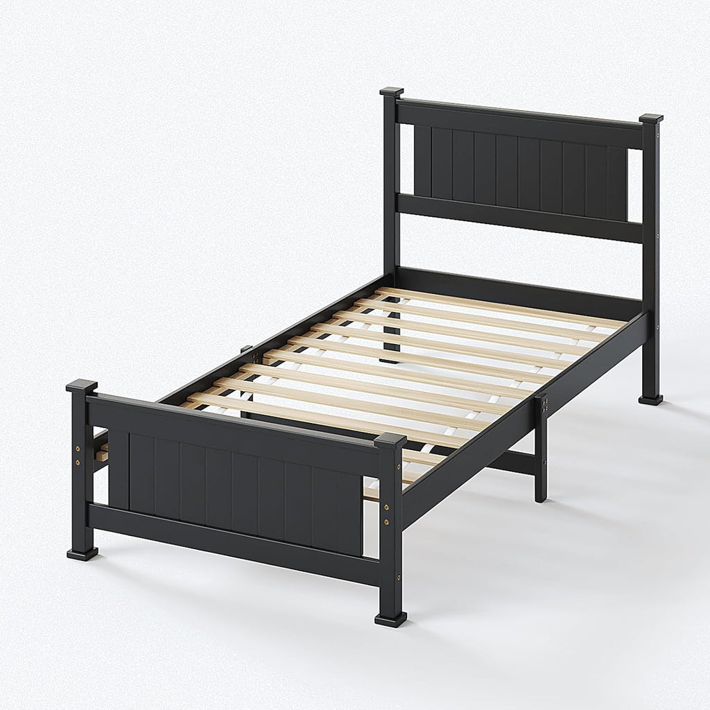 Bonnlo Twin Size Solid Wood Platform Bed Frame, Single Bed with Headboard, No Box Spring Needed Panel Bed, Wood Slat Support Mattress Foundation,Black