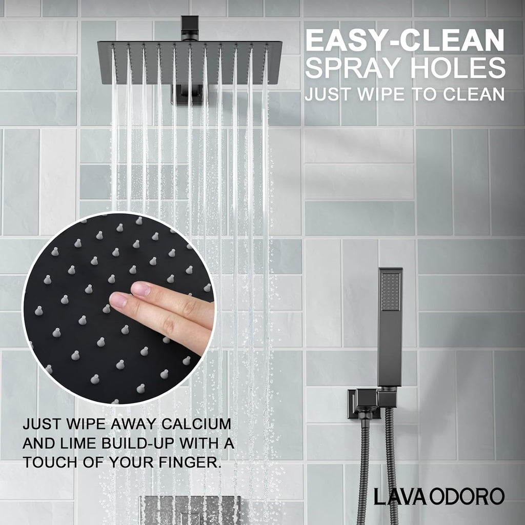 Lava Odoro Modern 2-Setting Square Shower System with Rain Shower Head and Handheld Spray Black, Rainfall Shower Faucet Set Chrome, Shower Valve and Trim Kit, Polished Chrome SF103-MB